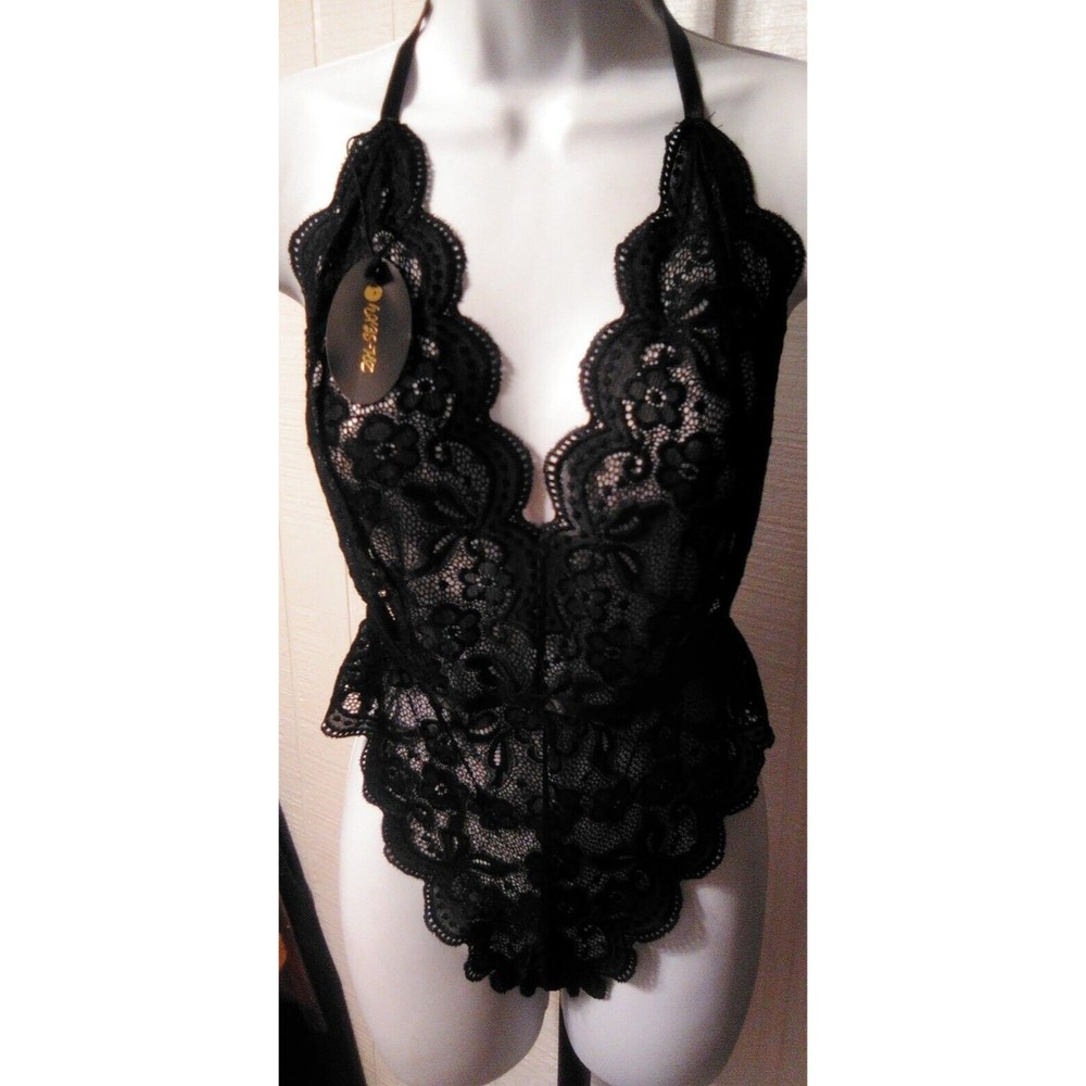 Women's Zgl-Sexy Black Floral Lace See Through Lingerie NWT Medium
